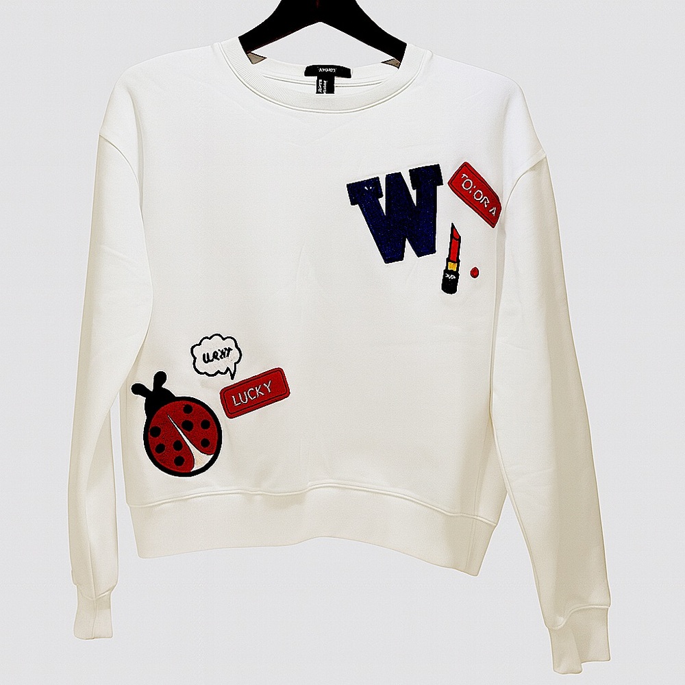 Forever 21 White Graphic Patch Sweatshirt Ladybug Lipstick Lucky W Small